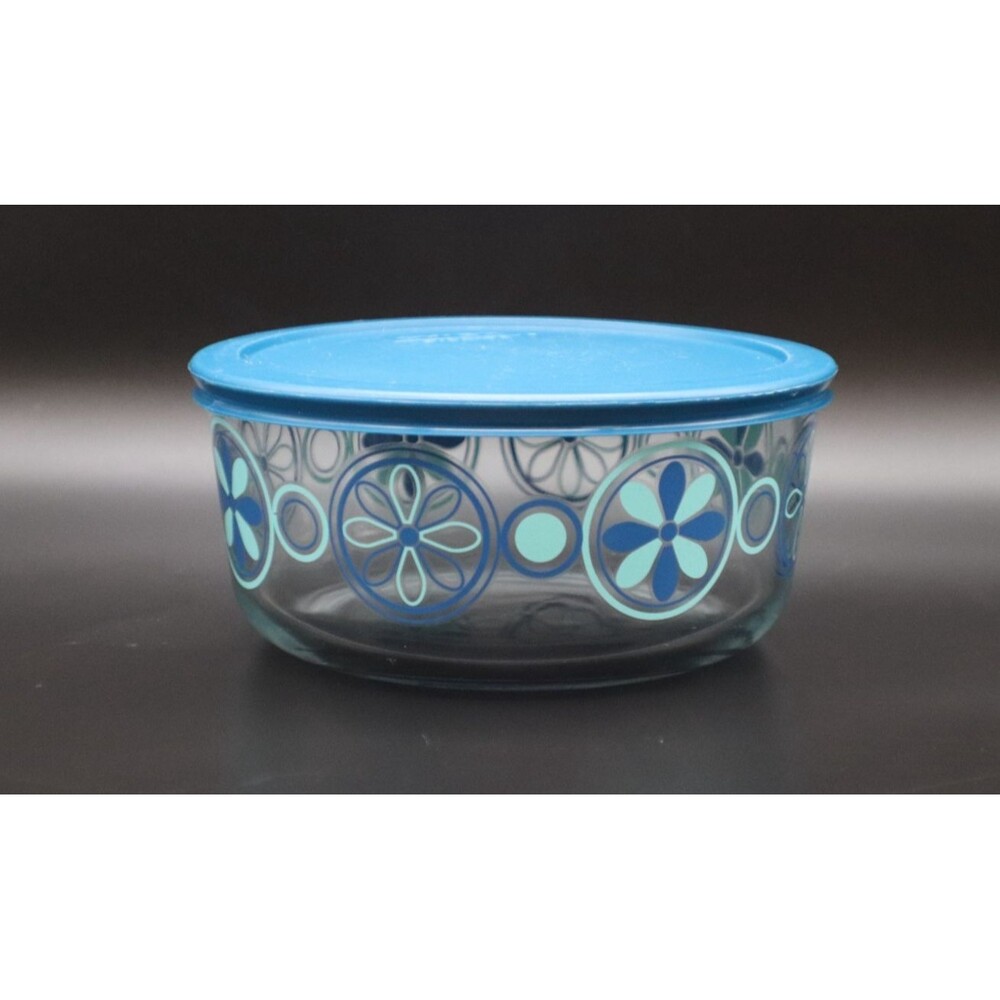 Vtg Pyrex Turquoise Blue Pinwheel Floral 7 " Storage Bowl #7203 w/Lid Made USA
